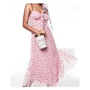 Betsey Johnson heart foil print metallic bustier corset tulle maxi dress size 14